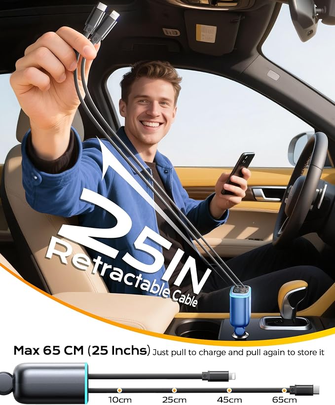 Car Charger, iPhone Fast USB C Phone Car Charger, Cigarette Lighter Adapter | with 2 Cables 25 Inch and 2 USB Ports, Retractable 4 in 1Multi Port USB Car Charging for iPhone 17/16/15/14/13/Pro Max-Blue