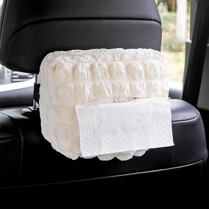 Beige White Car Tissue Holder, Car Standard Tissue Holder, Multi-Functional Car Tissue Boxes, Soft Puff Fabric with Adjustable Elastic Band, Keep Car Tidy, for Sun Visor, Backseat, Armrest