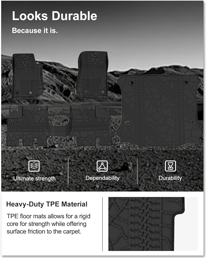 Kiwi Master Floor Mats & Cargo Mat for 2014-2018 Jeep Wrangler JK 4-Door | OEM Replacement 82213860 82213184, All Weather Car Mats, Heavy Duty TPE Floor Liners, Front & Rear & Trunk Mat Set, Black