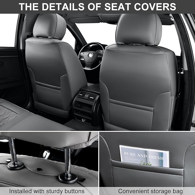 Car Seat Covers Front Pair, Breathable Leather Automotive Front Seat Covers with Headrest, Universal Automotive Vehicle Seat Cover for Most Sedan SUV Pick-up Trucks, Gray