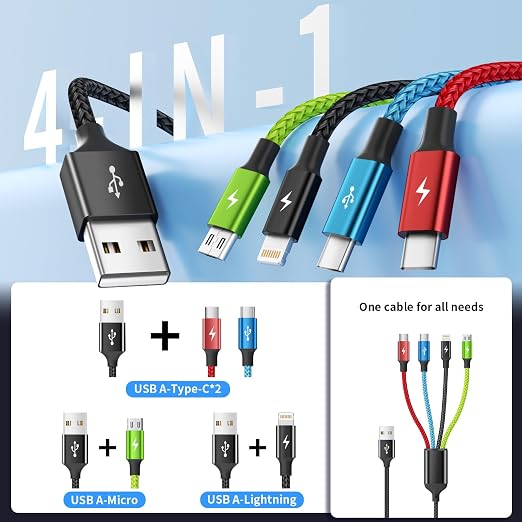 4 in 1 Multi Charging Cable, 3 Pack 5FT Charging Cords for Multiple Devices | USB C Car Charger Cable, Nylon Braided Phone Charger for Multiple Devices, Cruise Essentials 2026 Travel & Car Use