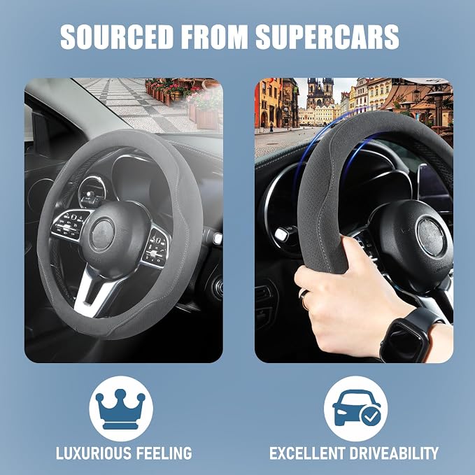 Gray Suede D Shaped Steering Wheel Cover 14.5 inch to 15 inch | Warm in Winter and Cool in Summer, Universal Felt Car Accessories, Breathable Non-Slip Sweat-Proof Wear-Resistant