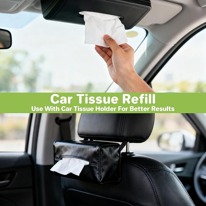 RAINFLOW Car Tissue Refills -Tissue Refills Paper for Car Tissue Holder | 4 Packs 200 Sheets, 3-Ply Soft Absorbent and Lint-Free, Ideal for Commuting, Travel, Fits Most Vehicle Organizers