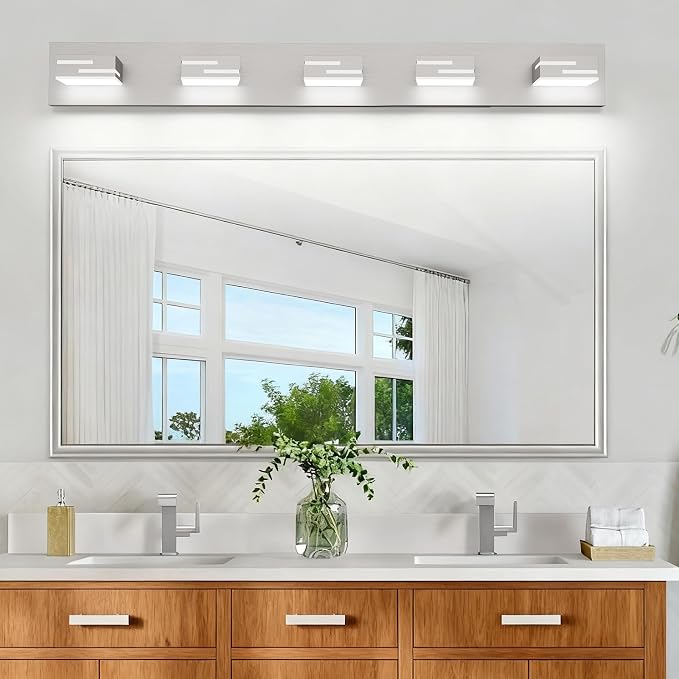 LED Modern Bathroom Vanity Light Fixtures, Dimmable Brushed Nickel Vanity Lights for Bathroom Lighting Fixtures Over Mirror, with 360° Rotatable Acrylic Heads 5-Light 36-inch (Cool White 6000K)