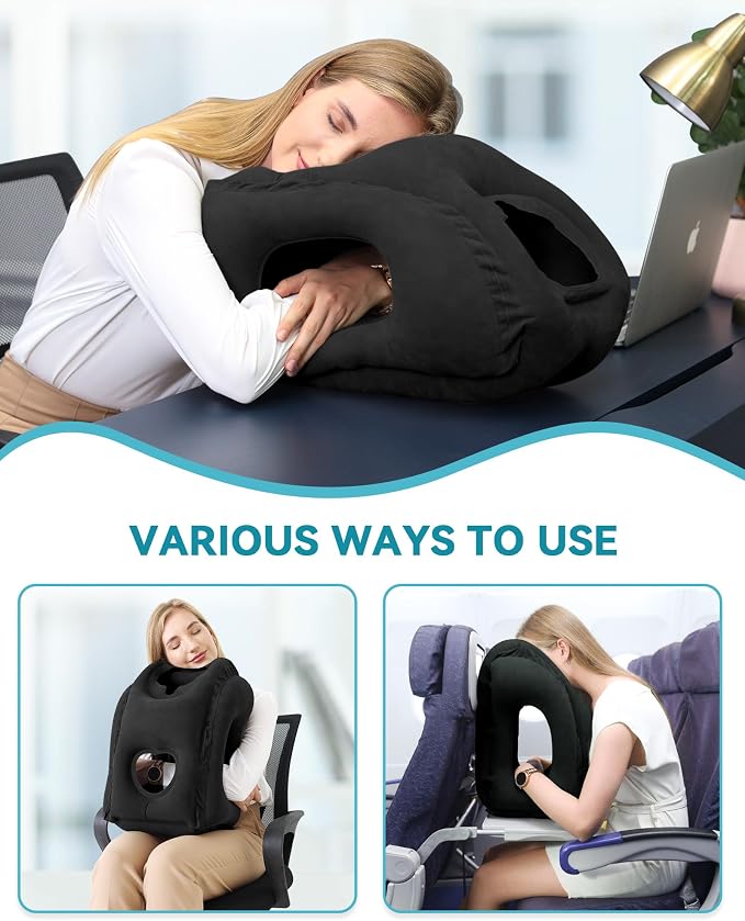 Inflatable Travel Pillow, Airplane Neck Pillow Comfortably Supports Head and Chin for Airplanes, Trains, Cars Office Napping on The Tray Table (Black)