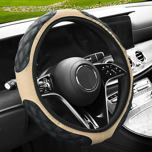 15 Inch Leather Steering Wheel Cover, Automotive Accessories Breathable Anti-Slip Elastic Soft Wheel Protector, Fit for Most SUVs Trucks and RVs (Beige)