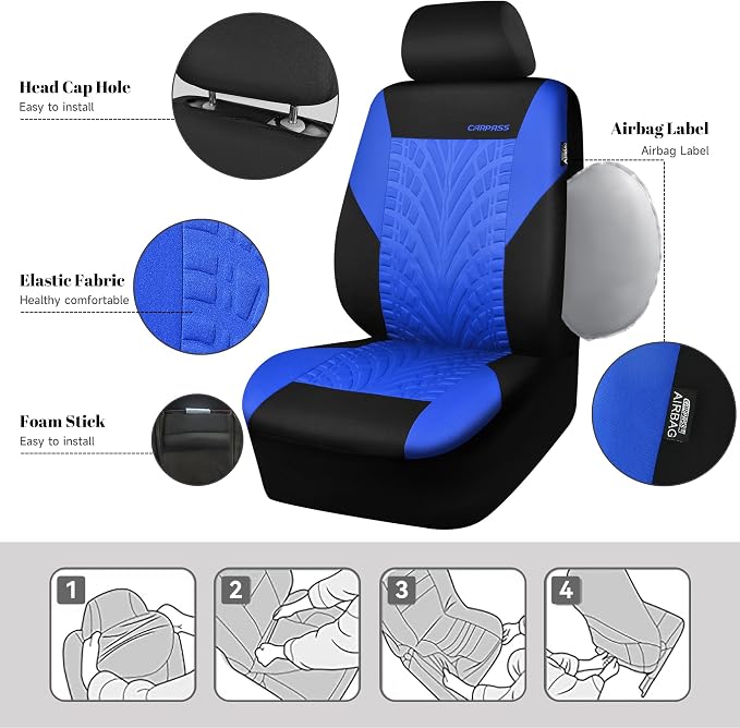 CAR PASS Car Seat Covers Full Sets, Front & Split Rear Bench for Car, 3D Tyre Embossed Automotive Interior Covers, Airbag Compatible, Quick Setup Universal Fit Seat Covers for Car, SUV(Black Blue)
