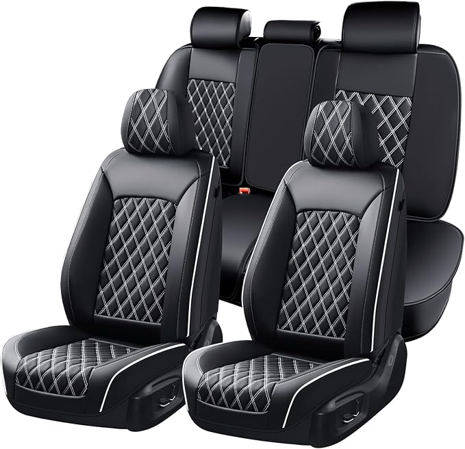 Huidasource Universal Car Seat Cover, Car Seat Cover Set Nappa Leather Universal Fit for Most Cars, Vans, Trucks, SUVs, Compatible with Airbags, Seat Covers Velcro Adjustable (Full Set/Black&White)
