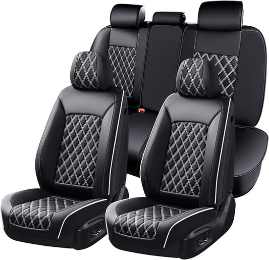 Huidasource Universal Car Seat Cover, Car Seat Cover Set Nappa Leather Universal Fit for Most Cars, Vans, Trucks, SUVs, Compatible with Airbags, Seat Covers Velcro Adjustable (Full Set/Black&White)