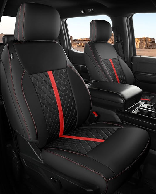 for Ford F150 Leather Seat Covers, SuperCrew XL XLT 2021-2026, F250 F350 F450 Super Duty Crew Cab 2023-2026, Custom Truck Seat Cover Full Set, Pickup Accessories, Black Red (Bucket Seat)
