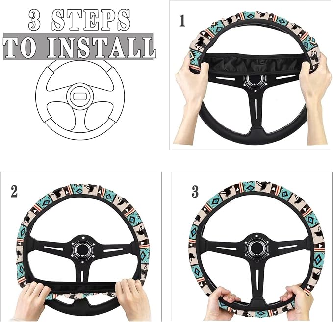 Wanyint Aztec Horse Blue Car Steering Wheel Cover Universal 15 Inch Steering Wheel Wrap Anti-Slip Soft Elastic Decorative Auto Accessories All Weather Protection