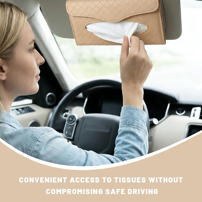 Car Tissue Holder, Auto Sun Visor Napkin Holder Hanging Paper Towel Dispenser with Tissue Refill, Easy Access Leather Paper Towel Storage Case for Most Vehicle Visors (Beige)