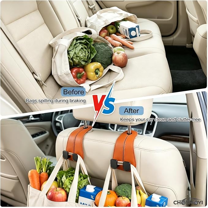 CHOSMOYI 2 Packs Car Seat Hooks, Leather Car Headrest Hook, Car Purse Hook Seat Back Hanger Storage Organizer, Car Hook for Purses and Bags(Burnt Orange)