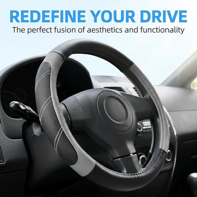 Osilly Car Steering Wheel Cover, 14.5-15" Leather Breathable Anti-Slip Stylish Steering Wheel Protector, Comfortable Auto Interior Decoration Accessories, Universal for SUV Van Truck (Black Gray)