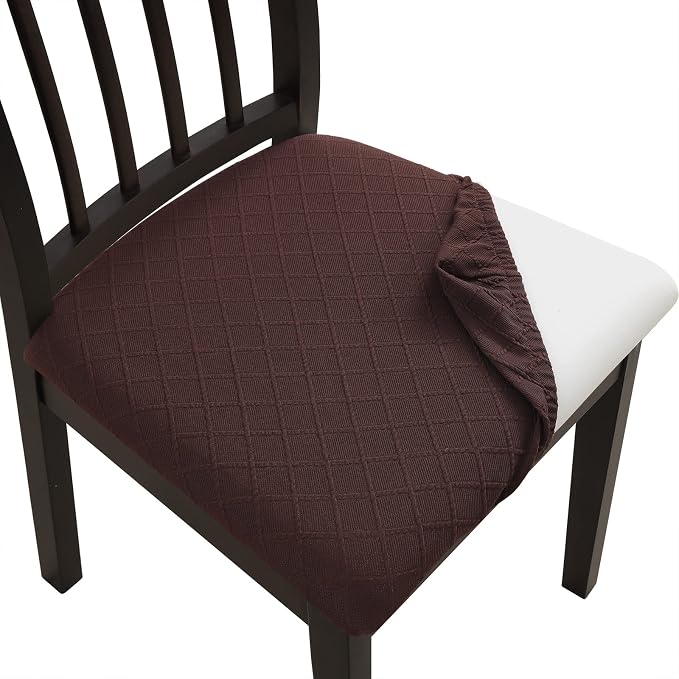 Fuloon Waterproof Seat Cushion Covers 4 PCS, Stretch Jacquard Chair Seat Covers Washable Dining Room Seat Slipcovers Removable Kitchen Chair Protector (4, Waterproof-Chocolate)
