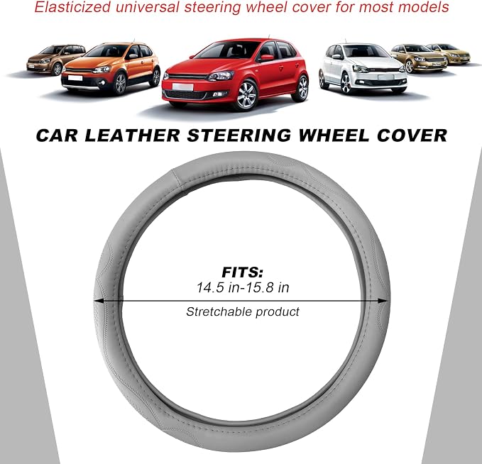 15 Inch Leather Steering Wheel Cover, Breathable Anti-Slip Steering Wheel Protector Cover, Elastic Soft Comfortable Universal Wheel Cover for Men and Women, Car Accessories (Gray)