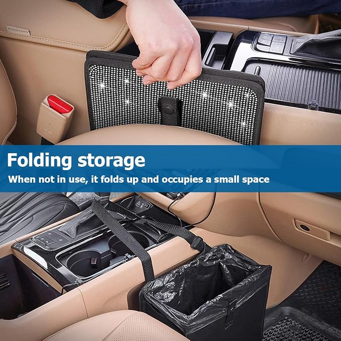 BELOMI Car Foldable Trash Can, Bling Rhinestone Crystal Auto Hanging Waterproof Leakproof Garbage Bin, Vehicle Waste Basket Dustbin, Multipurpose Car Organizer Accessories for SUV Truck (AB Color)