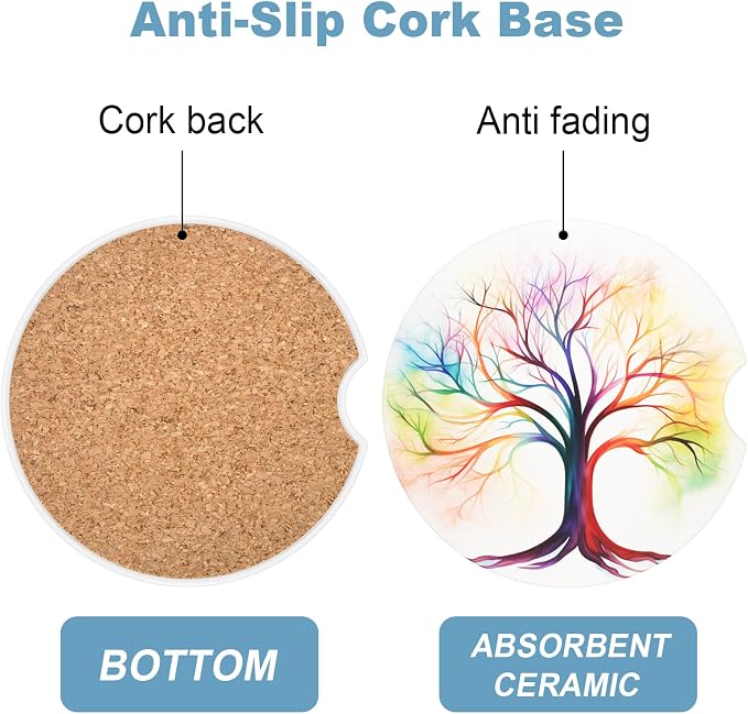 2 Pack Cup Holder Coaster, 2.63inch Anti Slip Insert Absorbent Ceramic Coaster With Cork Base and Finger Notch, Cute Car Accessories Interior for Women (Tree)