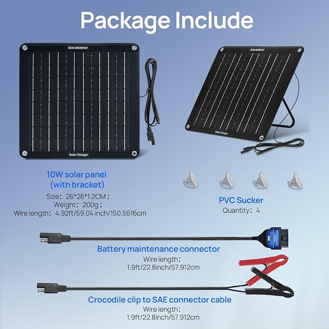 ECO-WORTHY Upgraded OBDII 10W Solar Battery Trickle Charger Maintainer-12V Waterproof Solar Panel Trickle Charger Kit with Portable Stand for Car Truck Boat Mower RV Trailer ATV Marine Battery
