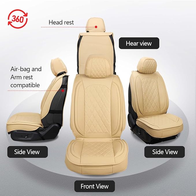 MIROZO Seat Covers Full Set, Leather Car Seat Cover Breathable Seat Protector Waterproof Automotive Seat Covers Non Slip Front & Rear Seat Cushion Universal for Most Sedan Truck,SUV (Beige)