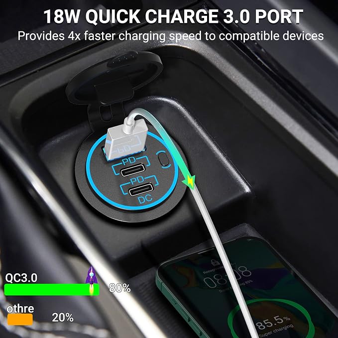USB C Car Charger Socket 12V USB Outlet 2 Pack,78W RV USB Outlet Dual 30W PD USB-C and 18W QC3.0 Car USB Port with Button Switch Waterproof for Car RV Boat Marine Truck Motorcycle ect