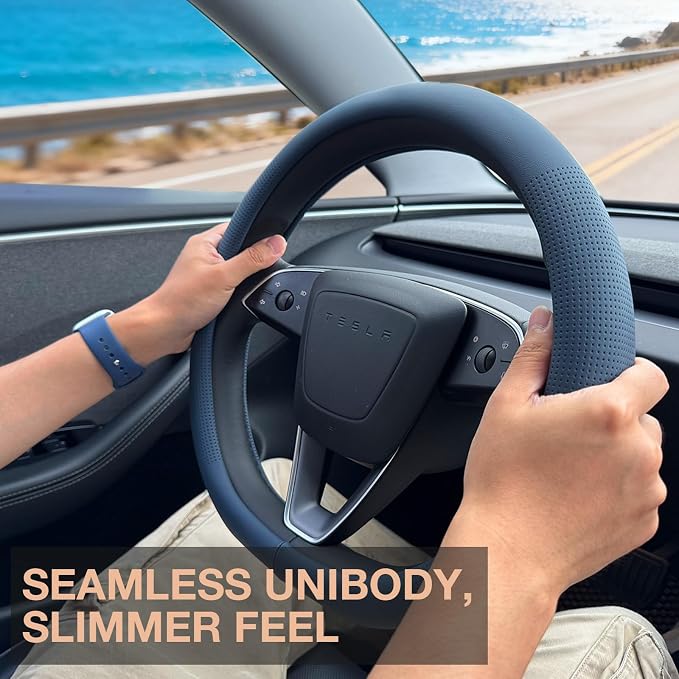 PINCTROT Nappa Leather Steering Wheel Cover for Tesla Model Y/3 Highland/Juniper, D Shaped 14 Inch Small Sized with Breathable Perforation, Fit Like Gloves, Flat Bottom 14 Inch(Nappa Smoky Blue)