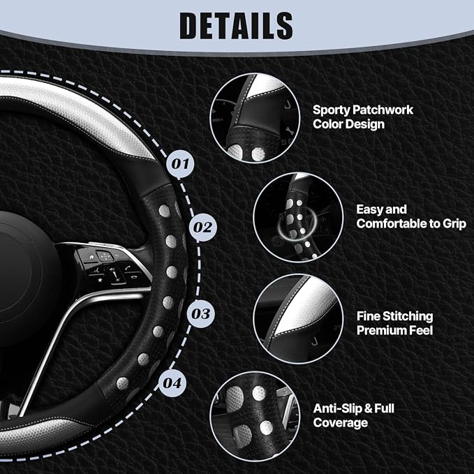 Hiseanllo Car Steering Wheel Cover, 14.5-15 Inch Universal Fit, Sporty Anti-Slip Leather Steering Wheel Protector with Glossy Color Accent, Comfortable Grip for Cars, SUVs, Trucks(Silver)
