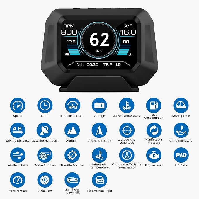 AZIJYV Obd2 Gauge Display P21, Heads Up Display for Cars, Displaying Multiple Functions, Speedometer, Slope Meter, Digital Speedometer for car Suitable for After 2009
