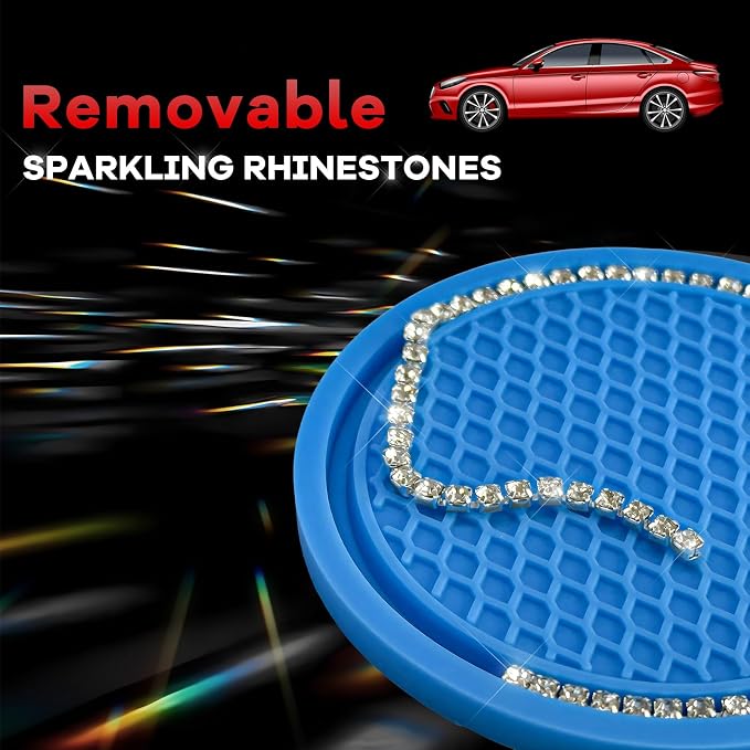 2PCS Bling Car Cup Coaster, 2.69 Inch Anti-Slip Auto Cup Holder Drink Mat w/Crystal Rhinestones, Universal Shiny Diamond Vehicle Insert Coasters Cups Mats for Women (Blue & White)