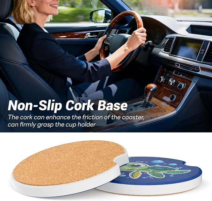 Car Cup Holder Ceramic Coasters 2 Pack, 2.56 in Anti Slip Absorbent Coaster with Cork Base and Finger Notch, Funny Cute Car Accessories Interior for Women, Green Turtle