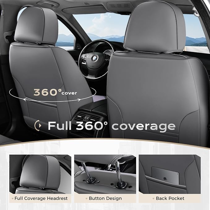 Coverado Car Seat Covers Full Set, Nappa Leather Seat Covers for Cars, Car Seat Protector Car Seat Cushion, Front and Back Seat Protectors Cushions Universal Fit for Most Cars Vehicles(Gray&Purple)