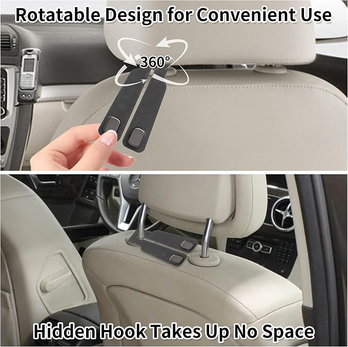 Suede Leather Headrest Hooks for Car, 2 Pack Double Seat Back Organizer Hooks for Purses & Bags, Heavy Duty Metal Car Purse Holder for Handbags, Grocery Bags, Universal Vehicle Storage Accessories