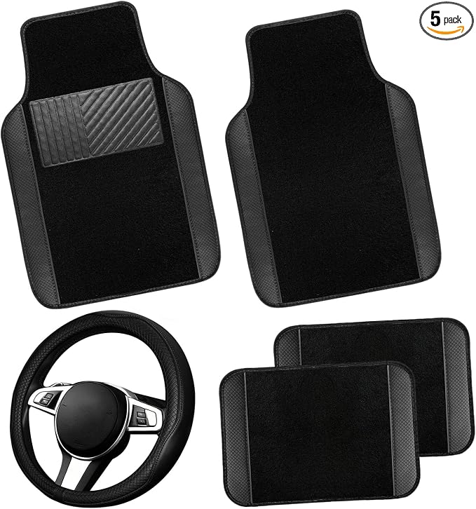 NBTEPEM Microfiber Steering Wheel Cover and Waterproof Car Floor Mats, Universal Fit Most Truck, SUV, Cars, 14.5-15inch Sporty Steering Wheel Covers with Anti-Slip Lining (Black with Black line)