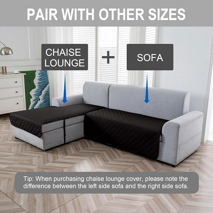 Genina L Shape Couch Cover, Sectional Couch Chaise Covers, Waterproof Washable Sofa Covers for Left L Shape Chaise Lounge, Anti-Slip Sofa Slipcovers for Dogs Cats Pet Friendly(Black)