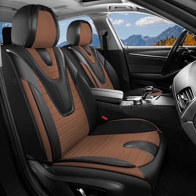 Coverado Car Seat Covers Full Set, 5 Pieces Waterproof Leather Seat Covers, Universal Fit for Cars SUVs Sedans,Black Brown