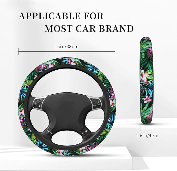 Tropical Car Steering Wheel Cover for Women Frangipani Hibiscus Palms 14-15 Inch Stretch Cloth Anti-Slip Wrap Protector Case Fit Universal Auto Accessories Decor Sweat Absorption (No Tools Needed)