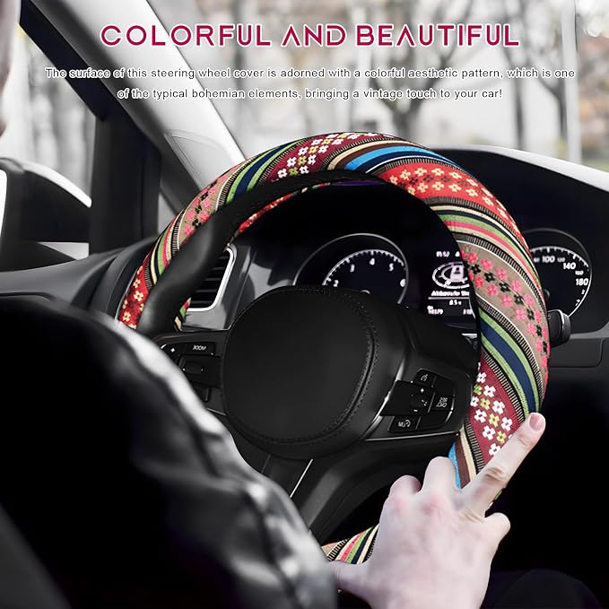 Boho Steering Wheel Cover, Anti-Slip Coarse Flax Cloth Ethnic Style Auto Wheel Cover, Breathable Boho Auto Steering Wheel Protector for Women Men, Car Accessories (Style F)