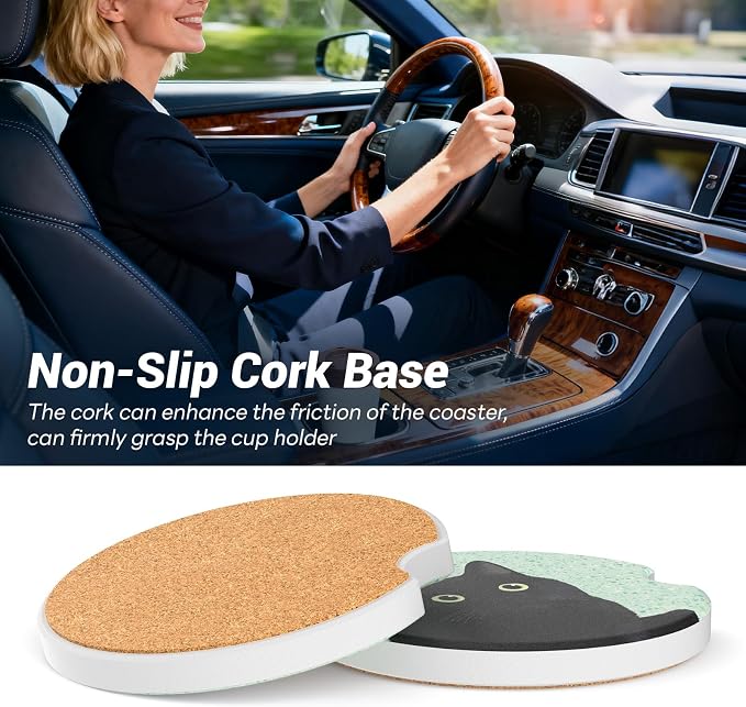 Car Cup Holder Ceramic Coasters 2 Pack, 2.56 in Anti Slip Absorbent Coaster with Cork Base and Finger Notch, Funny Cute Car Accessories Interior for Women, Terrazzo Black Cat