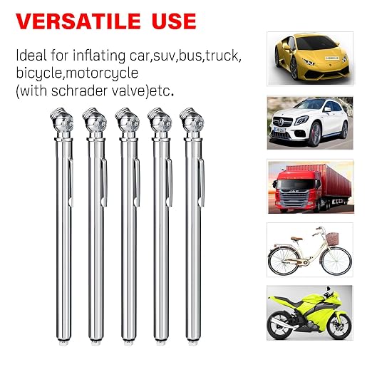 PINKJOY Pencil Tire Pressure Gauge (10-75PSI) Stainless Steel Body and Metal Made Nozzle 3 Measurements for Vehicles (5 Pack)