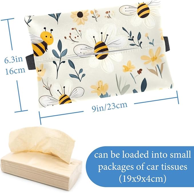 White Flower and bee Cartoon (2) Hang Paper Towel Holder Tissue Box Cover Tissue Holder for Car Home Office Desk