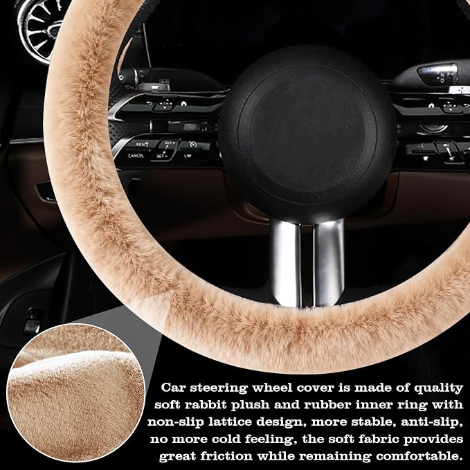 Furry Warm Steering Wheel Cover, Universal 14.5-15 Inch Winter Plush Warm Steering Wheel Cover, Soft Fluffy, Anti-Slip Design, Soft Texture (Camel)