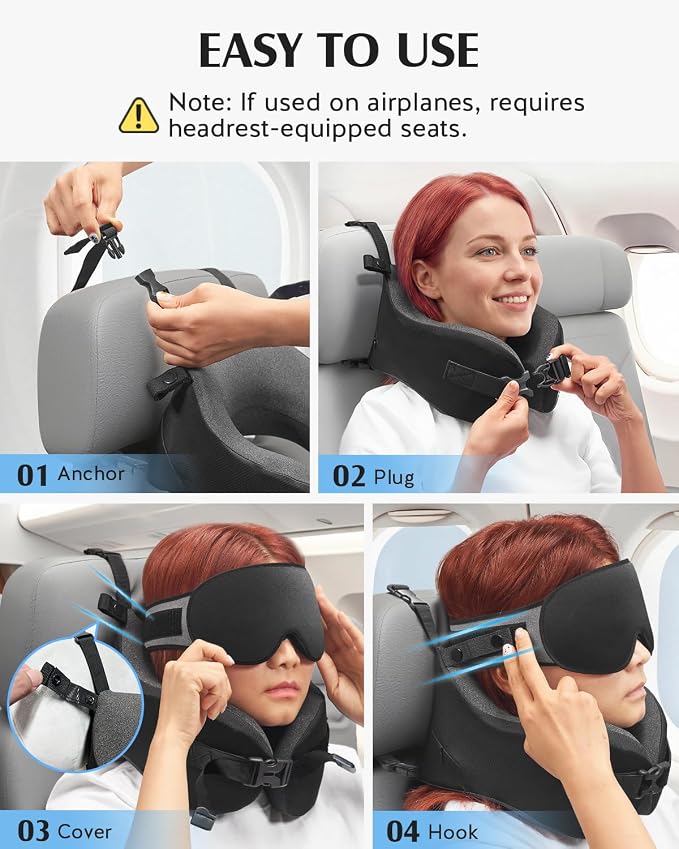YFONG Travel Pillow for Long Flight Airplane, Head Strap Combo with 3D Contoured Sleep Eye Mask, Neck Pillow for Travel Essential, 360° Support Memory Foam Headrest, Prevent Bobbing, Drawstrap - Black