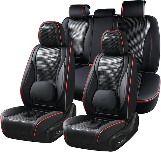 Coverado Car Seat Covers Full Set, Black Redline Seat Covers for Cars, Waterproof Nappa Leather Automotive Seat Covers with Lumbar Head Pillow, Car Seat Protectors, Universal Fit for Most Cars SUV