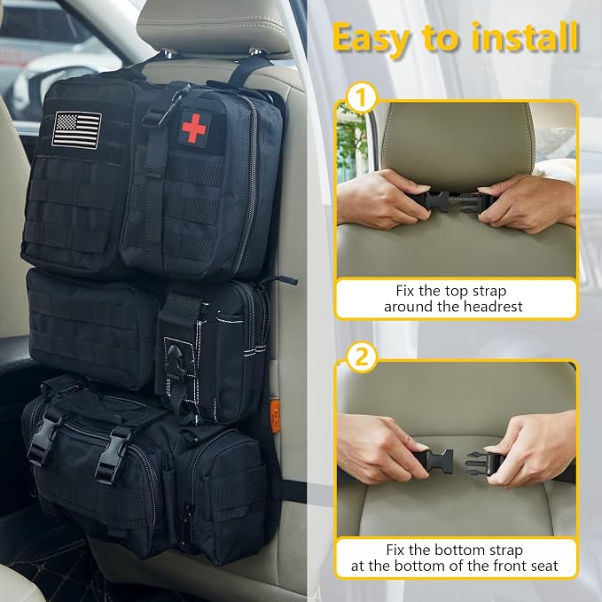 Universal Tactical Car Seat Back Organizer Bag Tactical Molle Vehicle Organizers Panel Vehicle Protector Organizers with 5 Detachable Pouches for Car Truck Ford Jeep (Black)