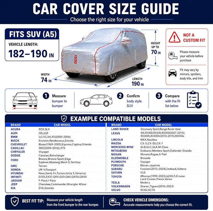 SUV Car Cover, 360° Underbody Wrap Design, All-Weather Waterproof Car Cover, Suitable for SUV Vehicle Body Length 182 to190 in