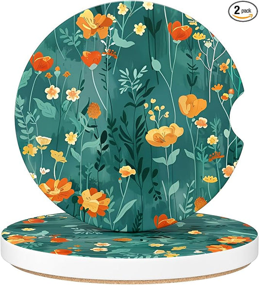 Aiawoxc Car Cup Holder Coasters, 2 Pack Universal Auto Anti Slip Insert Coaster with A Finger Notch, Cup Mat for Most Car Interior, Beautiful Flowers