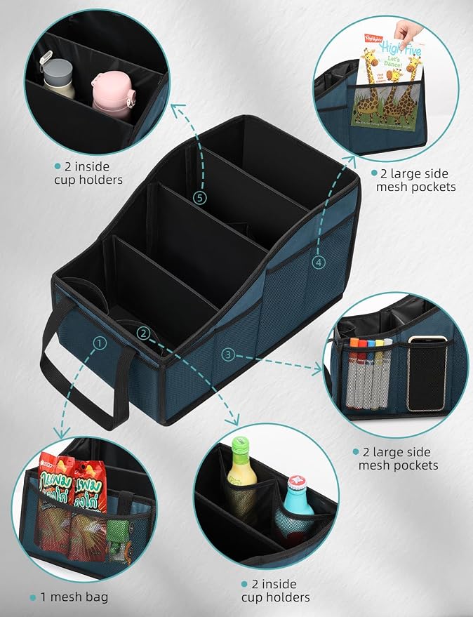 YOHOOLYO Car Seat Organizer Backseat Car Organizer with 4 Compartments, 4 Cup Holders and 7 Mesh Pockets for Front and Rear Seat, Blue