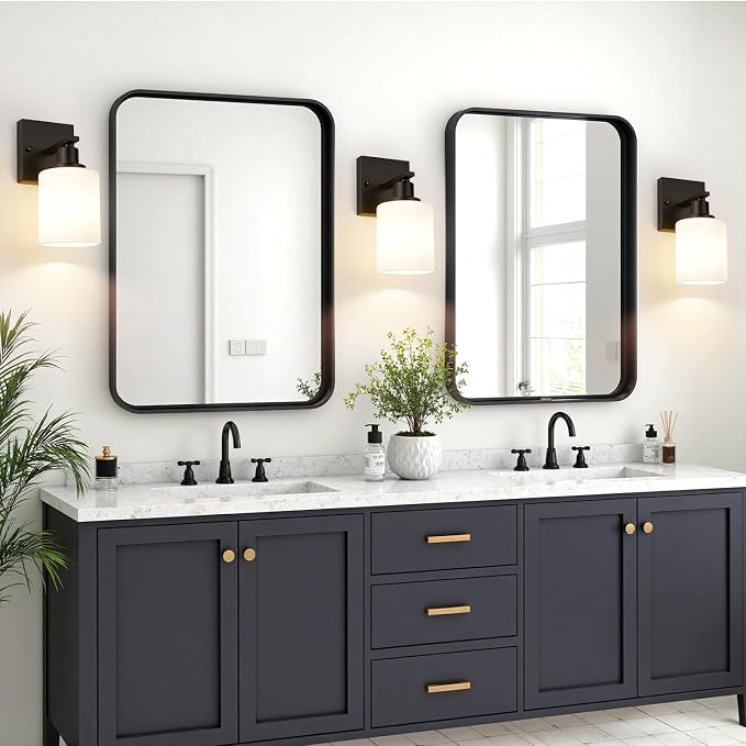 MOKATNG Set of 2 Wall Sconces for Bathroom,Black Modern Vanity Lights with White Glass Shade,Bathroom Wall Lamp for Mirror Kitchen Living Room Hallway Cabinet Porch