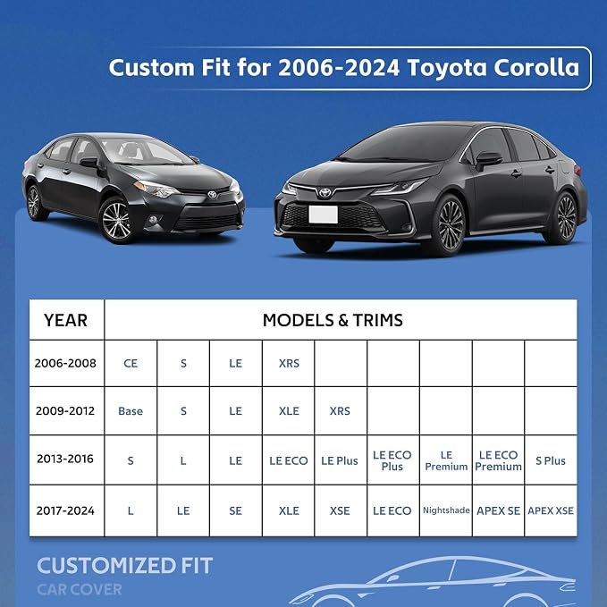 10 Layers Car Cover Custom Fit for Toyota Corolla Sedan (2000-2024) Waterproof All Weather for Automobiles, Outdoor Full Cover Rain Sun UV Protection.Silver
