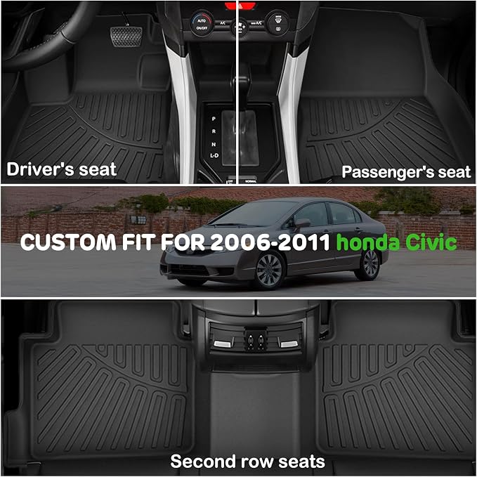 Floor Mats for 2006-2011 Honda Civic Gas Sedan Upgrade Trunk Mat All Weather TPE Floor Liners Fit for 2006-2011 Civic 1st & 2nd Row and Cargo Liner Anti-Slip Full Set Car Mats (Not for Coupe)